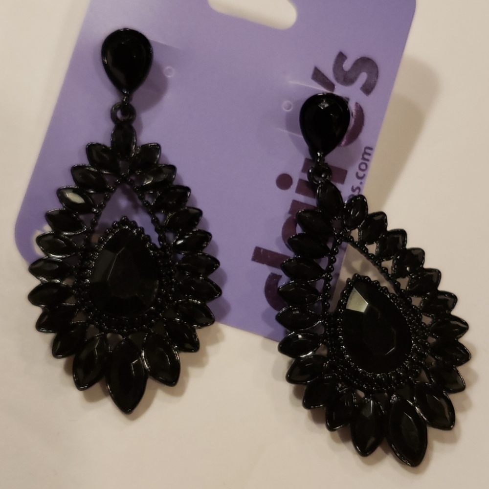 2.5" Black Crystal Teardrop Drop Earrings NEW NWT - Picture 4 of 6